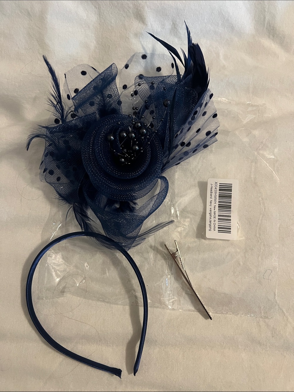 Navy Mesh Flower Fascinator Headband with Feather Detail